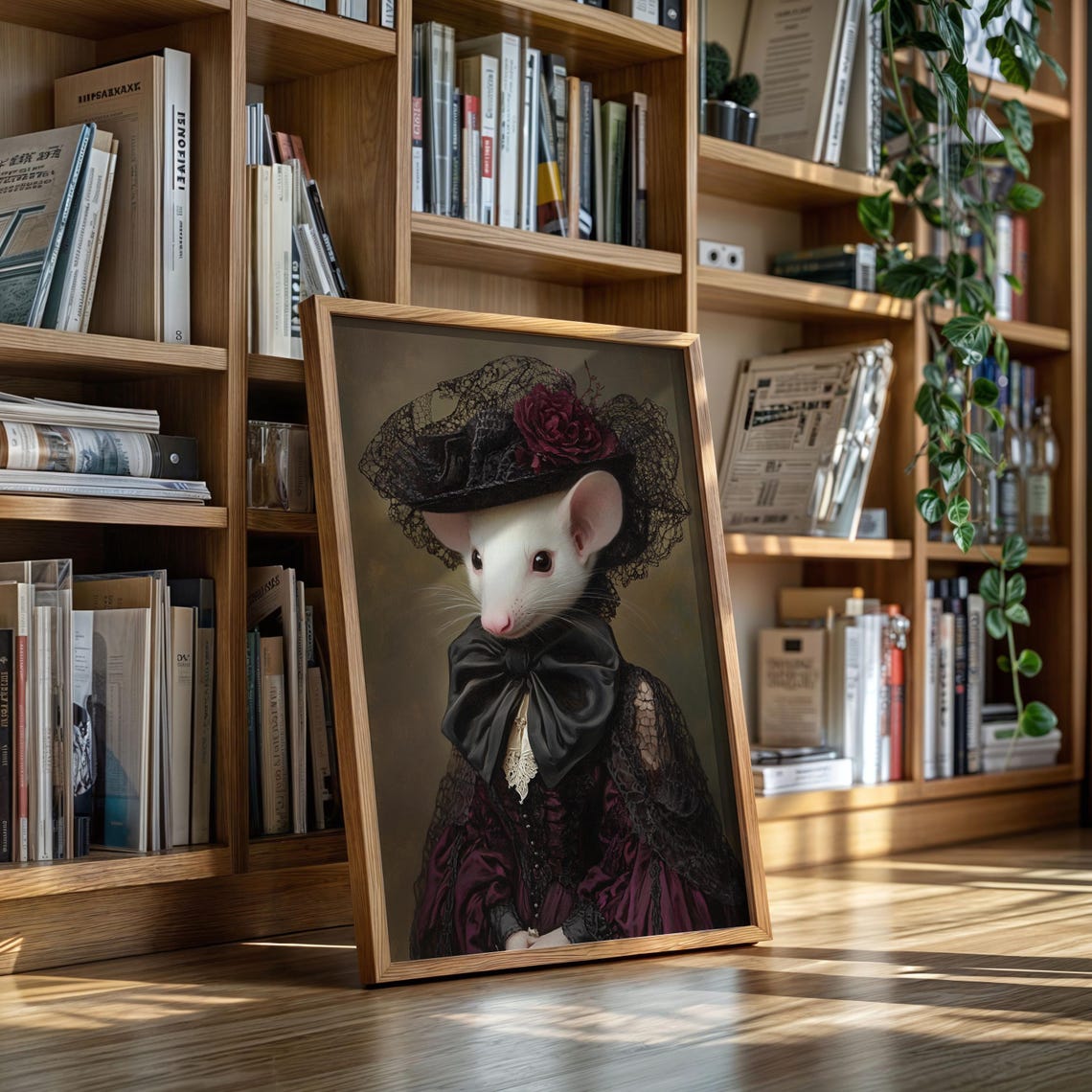 Victorian Mouse Portrait In Burgundy Dress And Lace Hat Poster