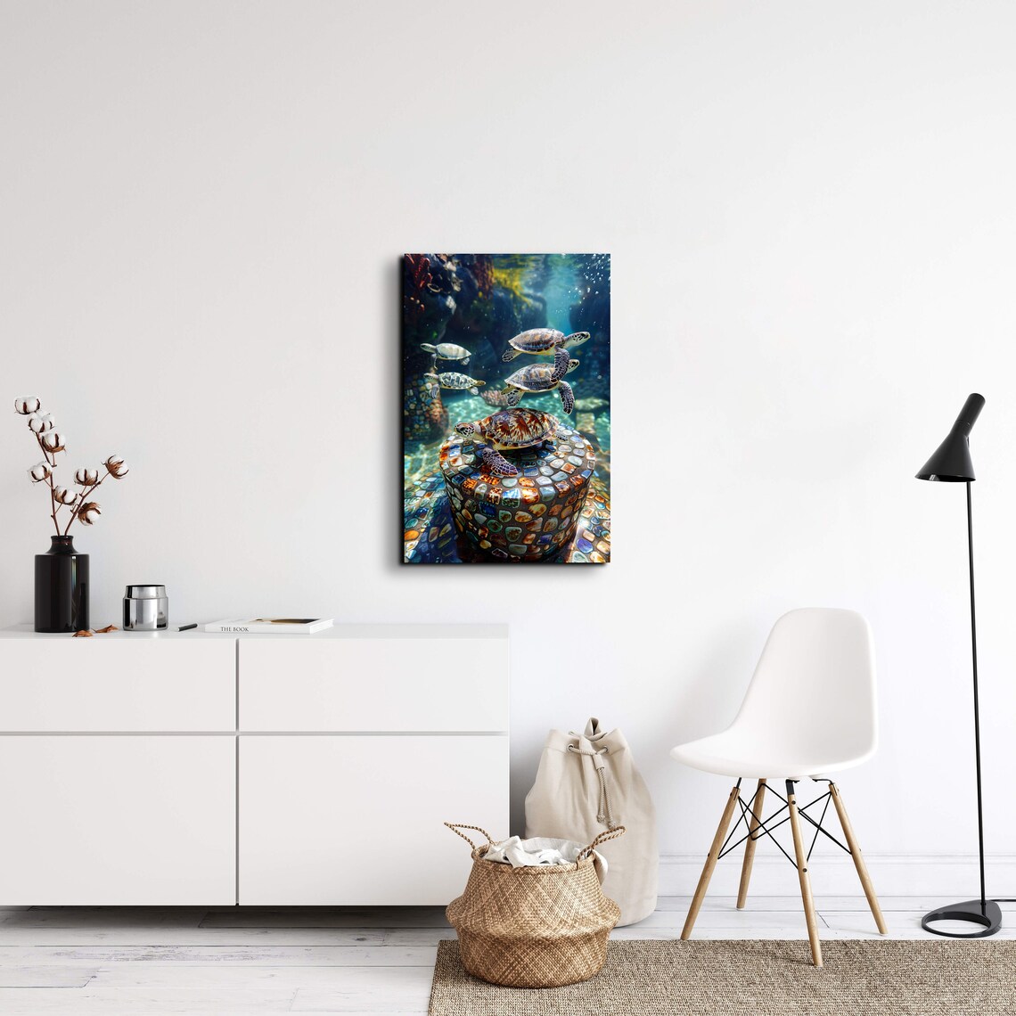Sea Turtles Swimming Around Mosaic Underwater Column Wall Art - Image 6