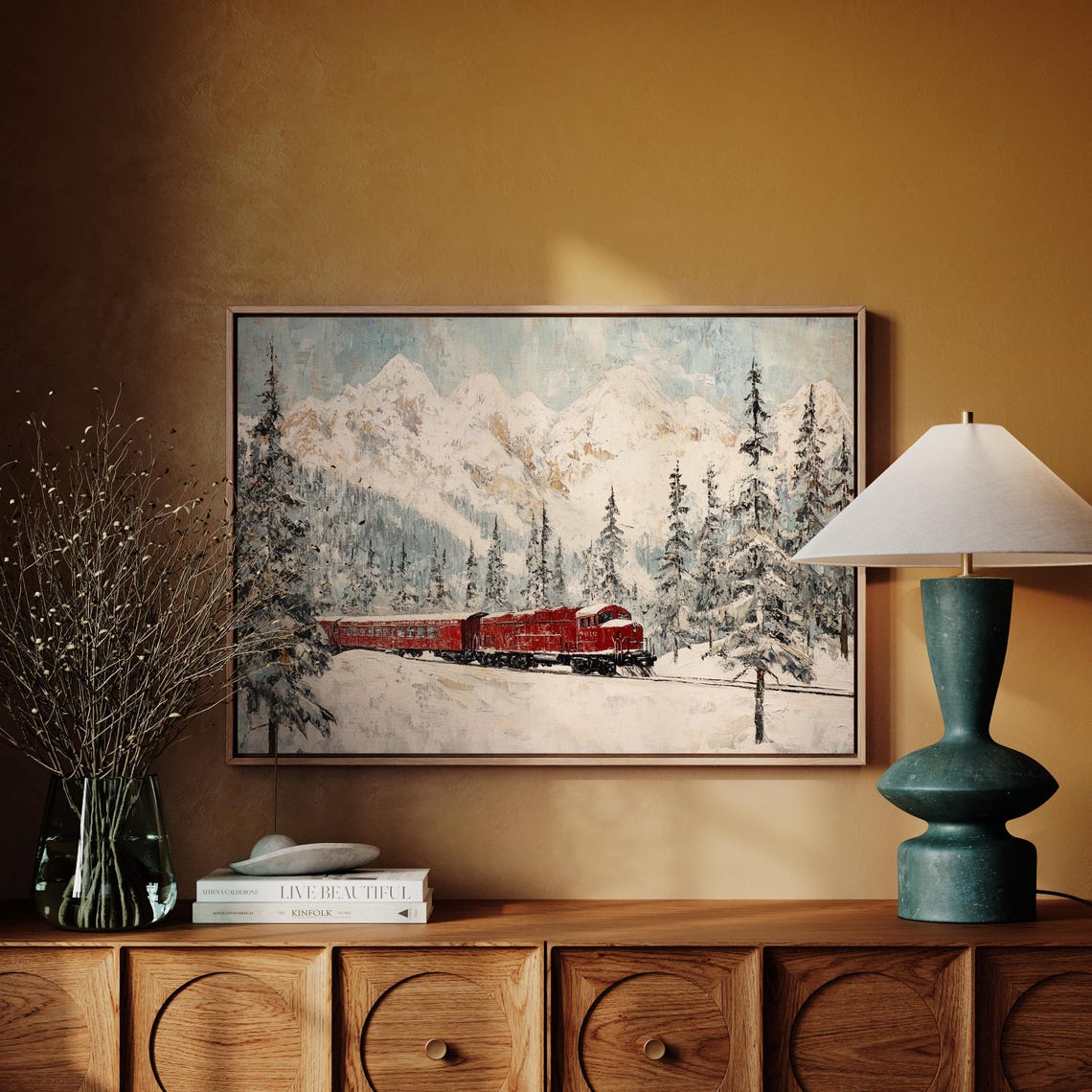 Red Locomotive Train In Snowy Alpine Winter Railway Wall Poster - Image 3