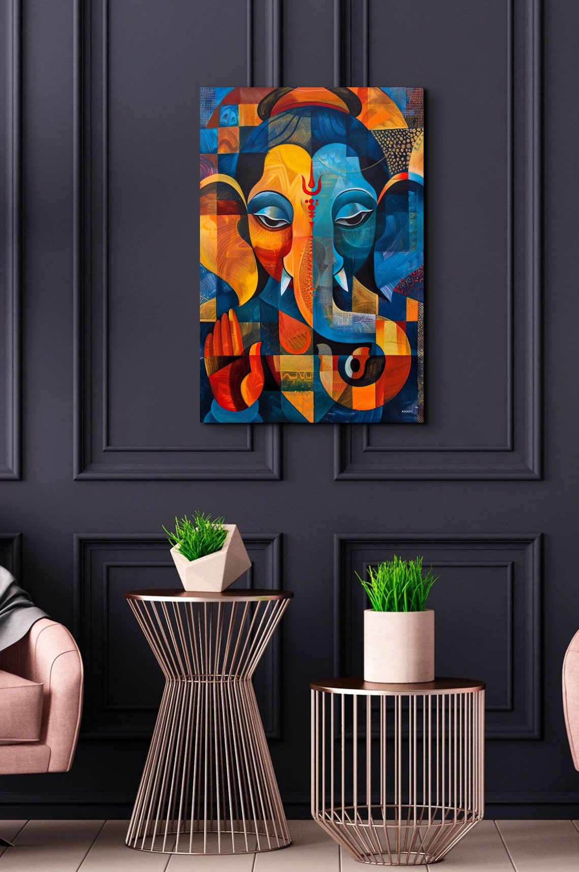 Geometric Cubist Ganesha Portrait in Bold Blue and Orange Wall Art - Image 6