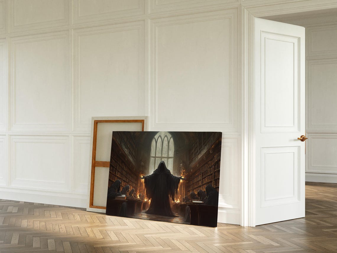 Dark Sorcerer In Gothic Library Mysterious Occult Fantasy Art Dramatic Dark Academia Wall Decor For Gothic Interiors - Image 2