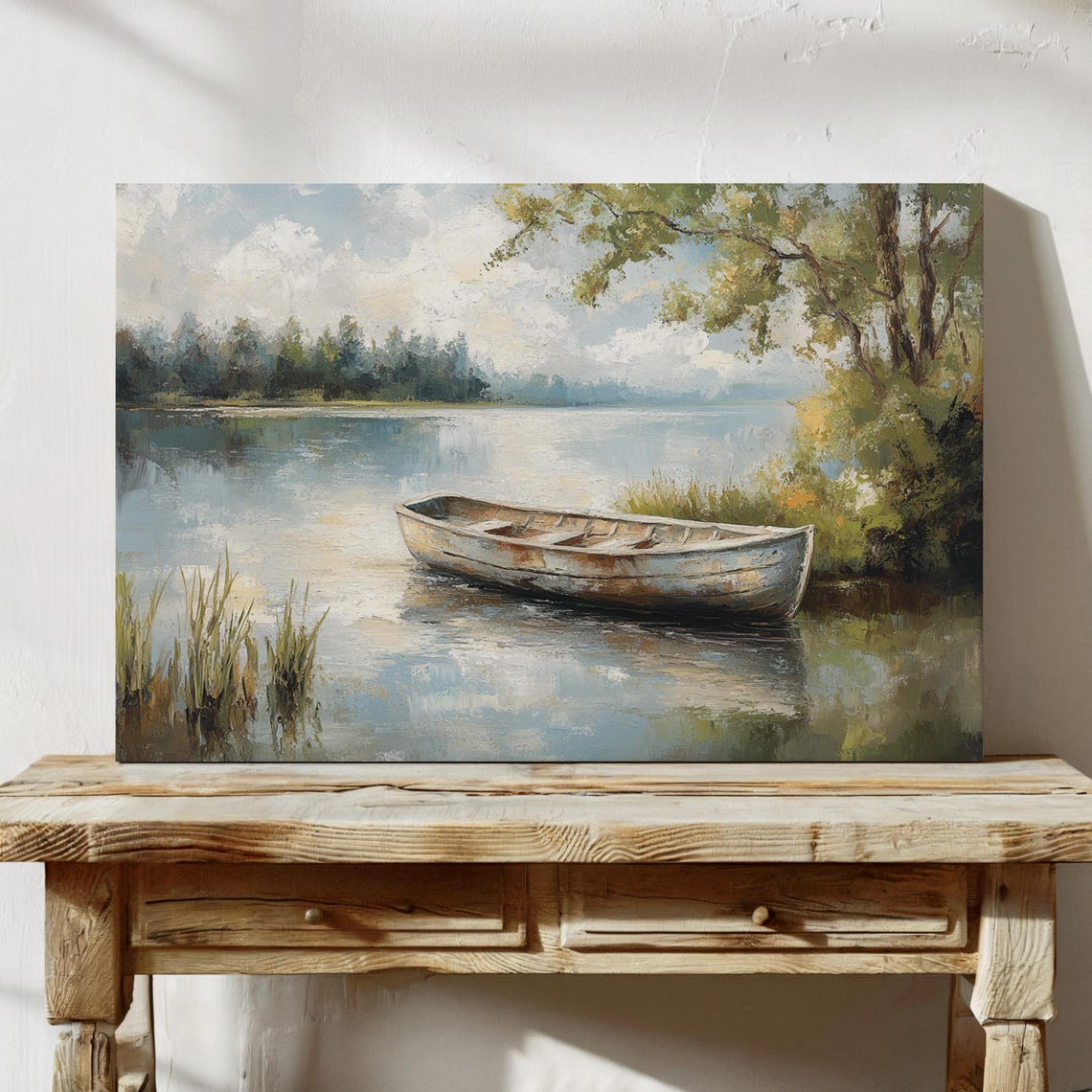 Rustic Rowboat Calm Lake Vintage Lakeside Landscape Wall Art - Image 3