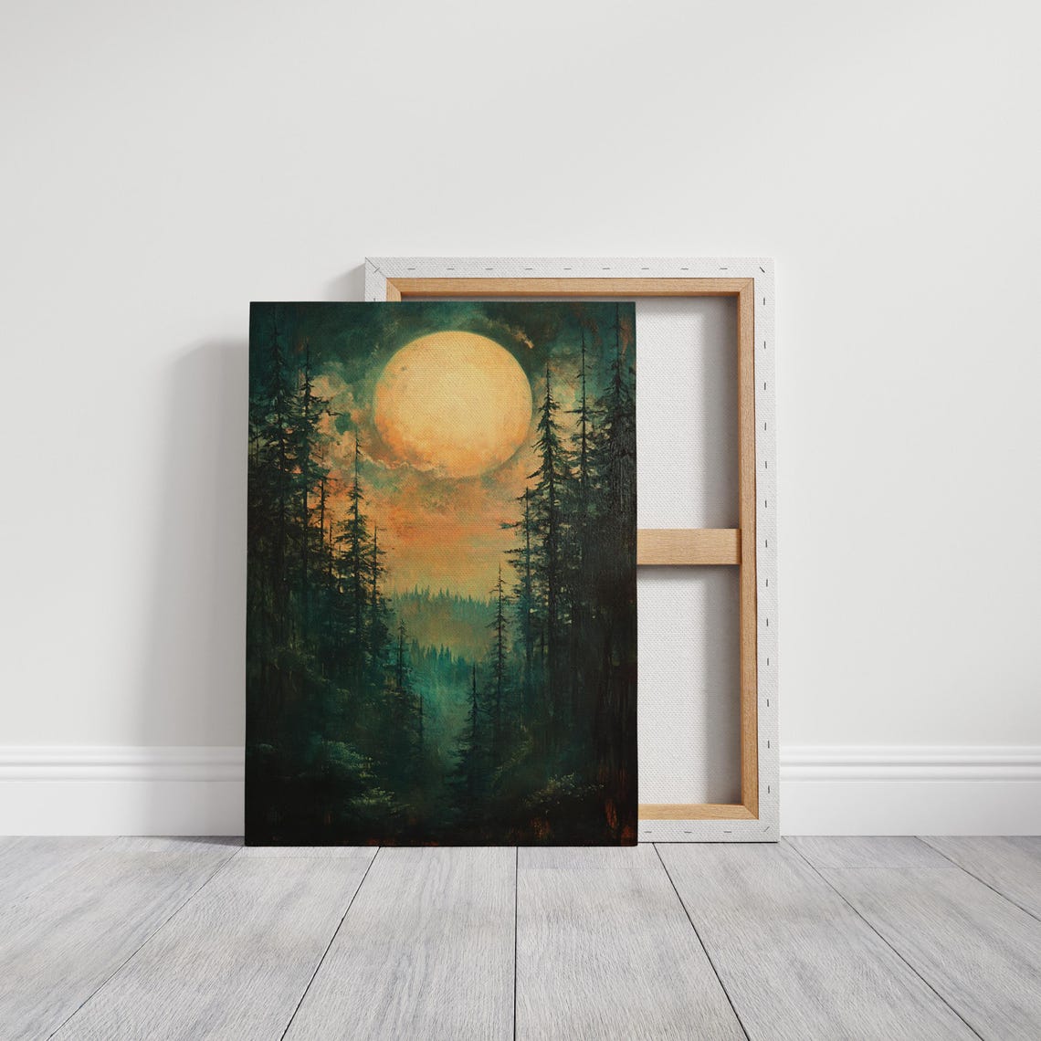 Giant Golden Moon Rising Between Dark Pines Night Scene Poster - Image 3