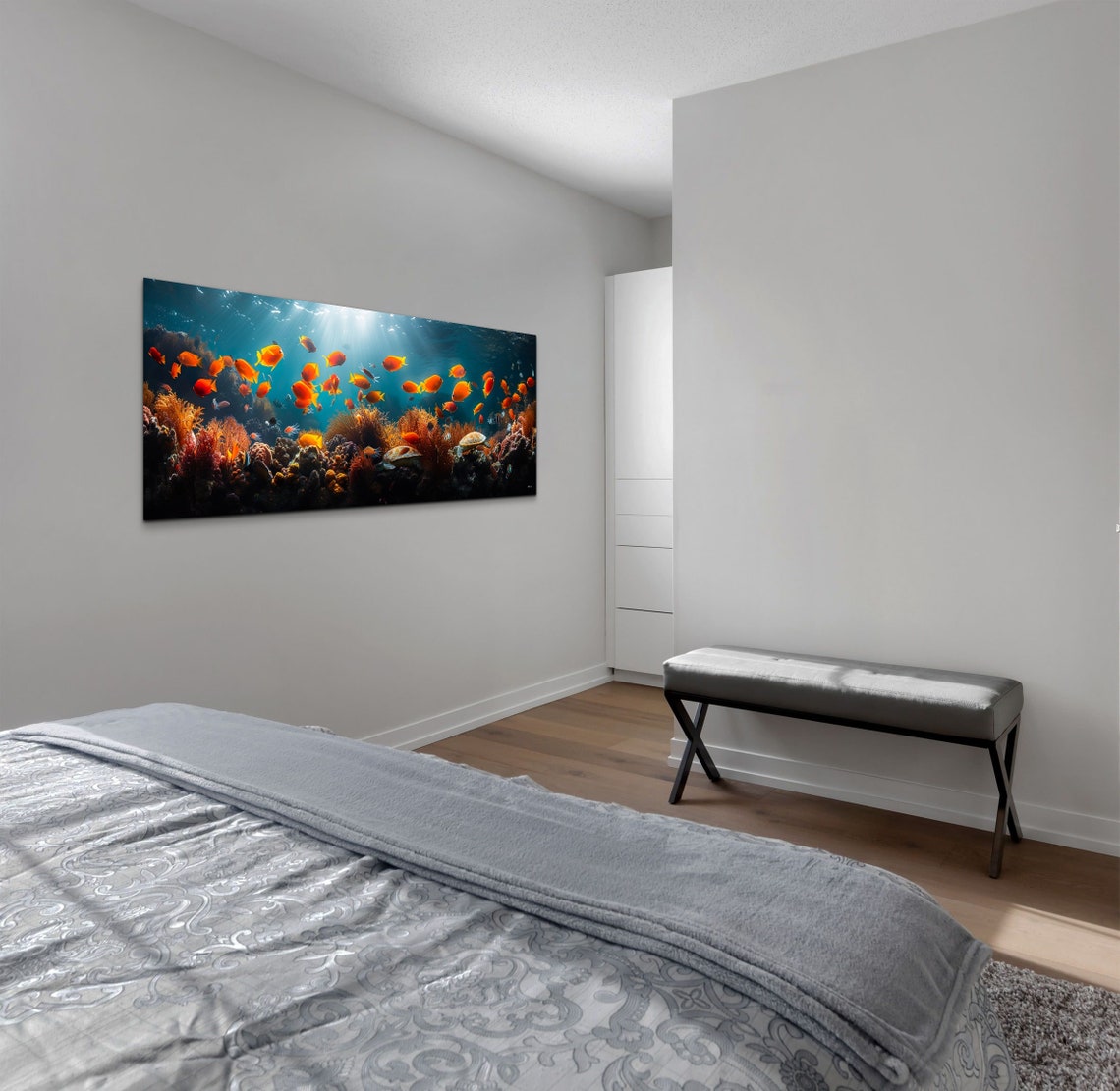 Orange Fish School Sea Turtle Coral Reef Underwater Panorama Wall Art - Image 5