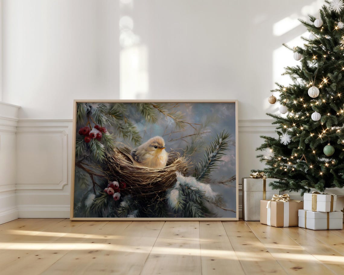 Winter Bird Nesting Among Snowy Pine And Red Berries Painting Print