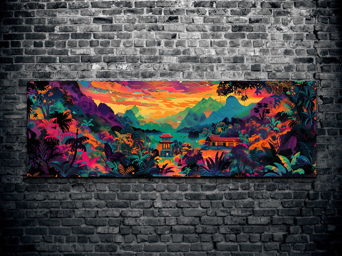 Colorful Asian Mountain Pagoda Sunset Panoramic Landscape Poster - Image 2
