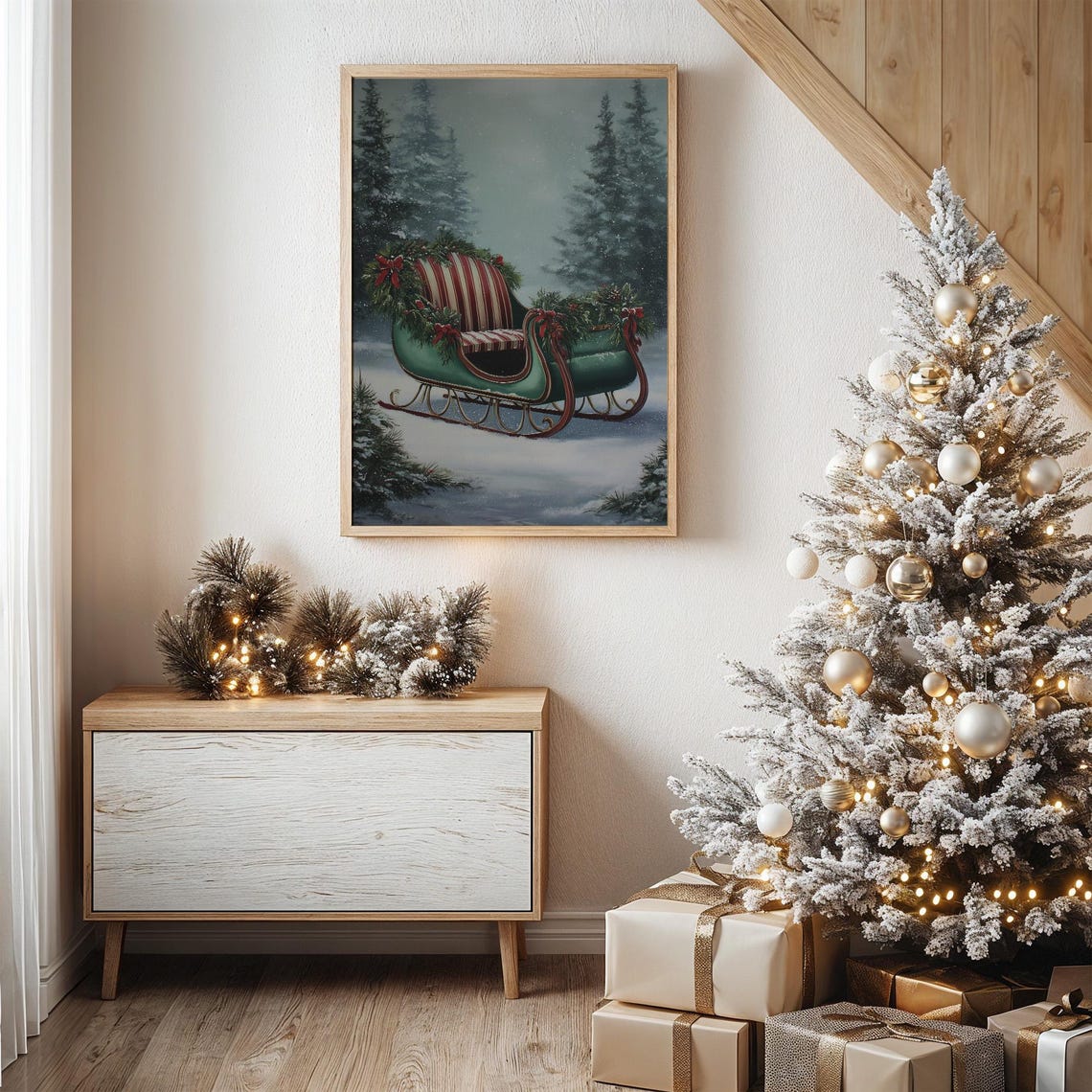 Vintage Green Christmas Sleigh With Garland Snowy Forest Poster