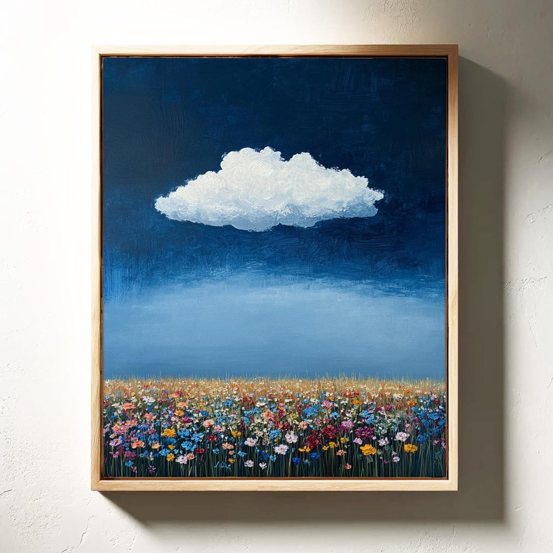 Lone White Cloud Over Wildflower Field Deep Blue Night Art Poster - Image 4