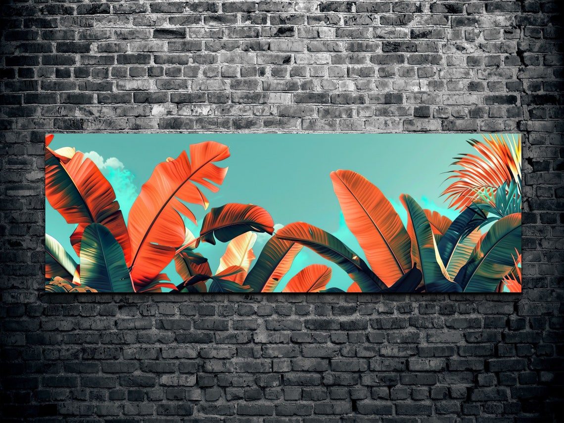 Burnt Orange Banana Leaves Against a Teal Sky Panoramic Poster - Image 3