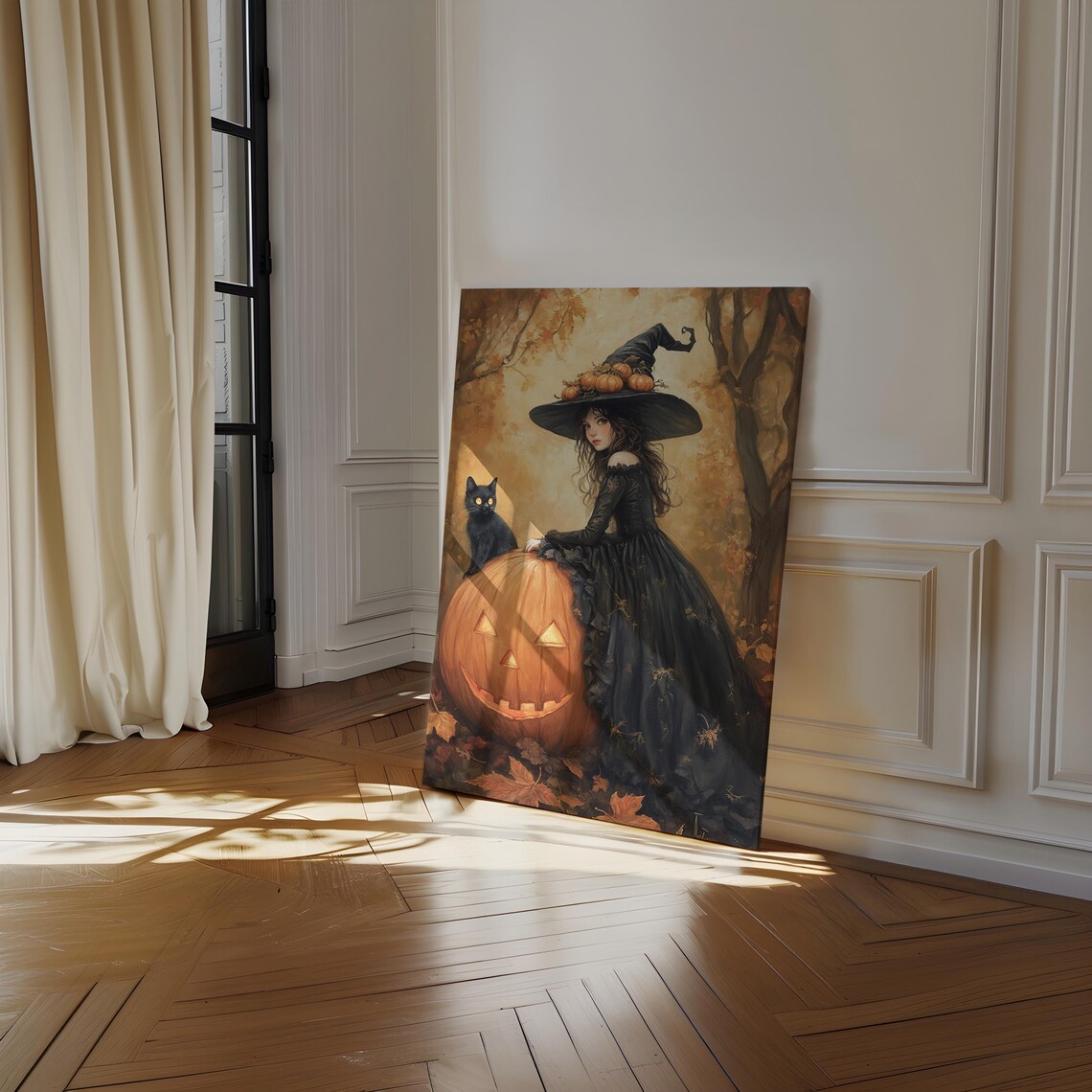 Gothic Witch Girl With Black Cat And Jack O Lantern Autumn Forest Poster - Image 4
