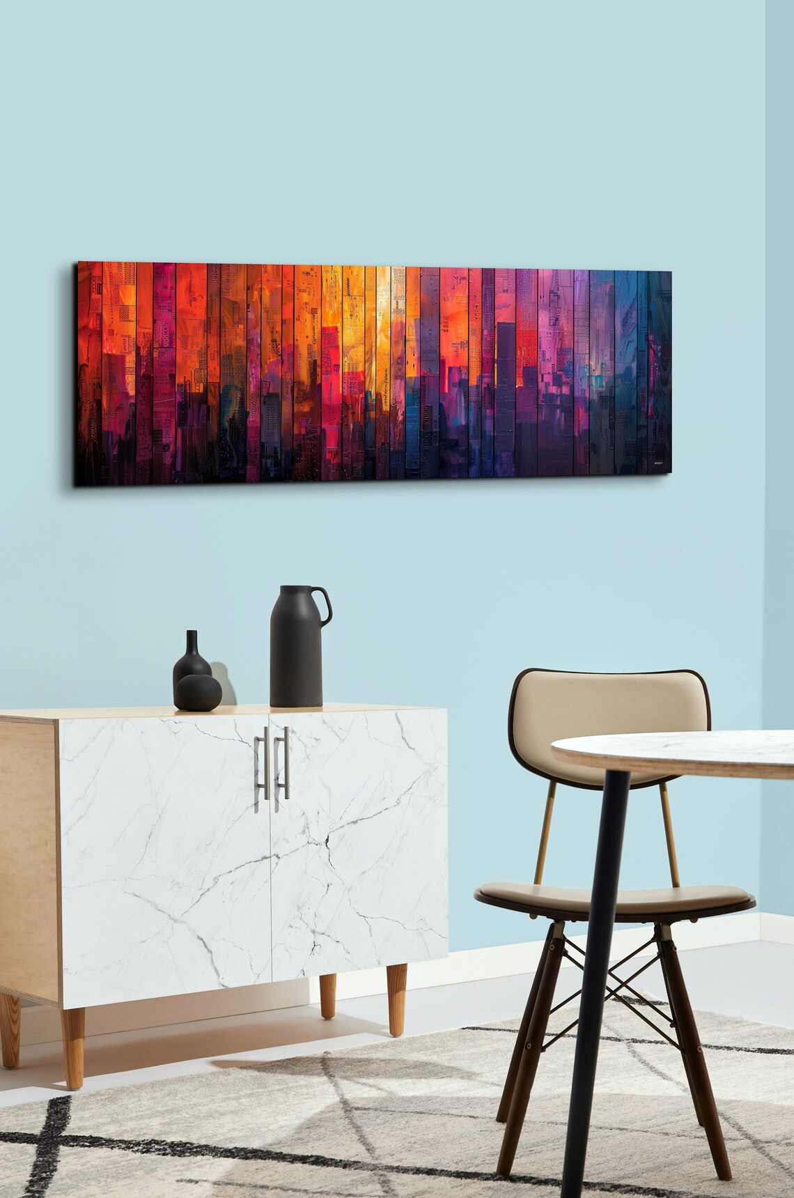 Colorful Urban Skyline Collage On Painted Wood Planks Wall Art - Image 5