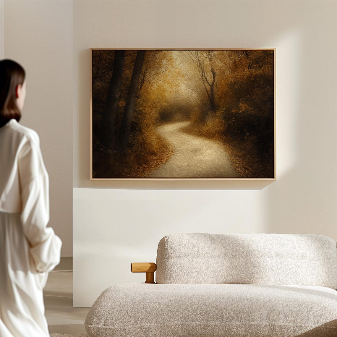 Misty Golden Forest Path Moody Autumn Landscape Painting Wall Art - Image 5