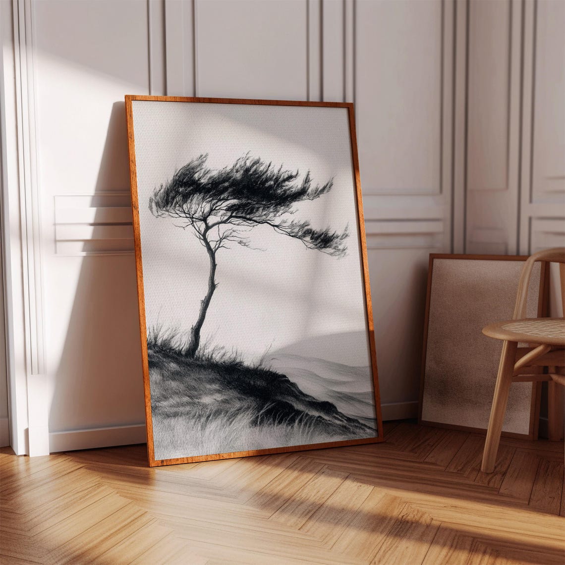 Resilient Tree In Wind Art Minimalist Black And White Drawing Of Natures Strength Modern Monochrome Wall Decor - Image 5