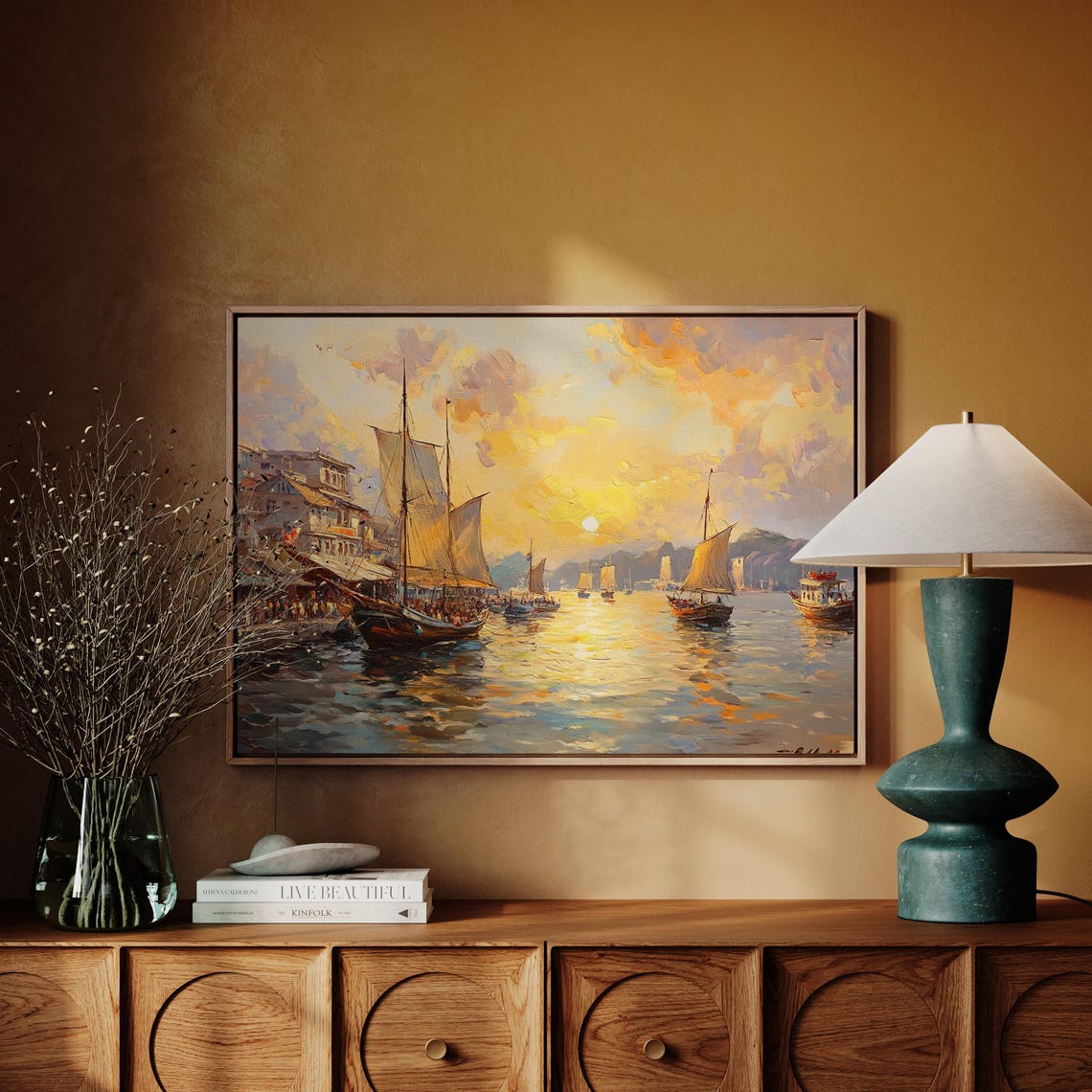 Sailboats Sunset Harbor Bustling Waterfront Vintage Scene Poster - Image 3