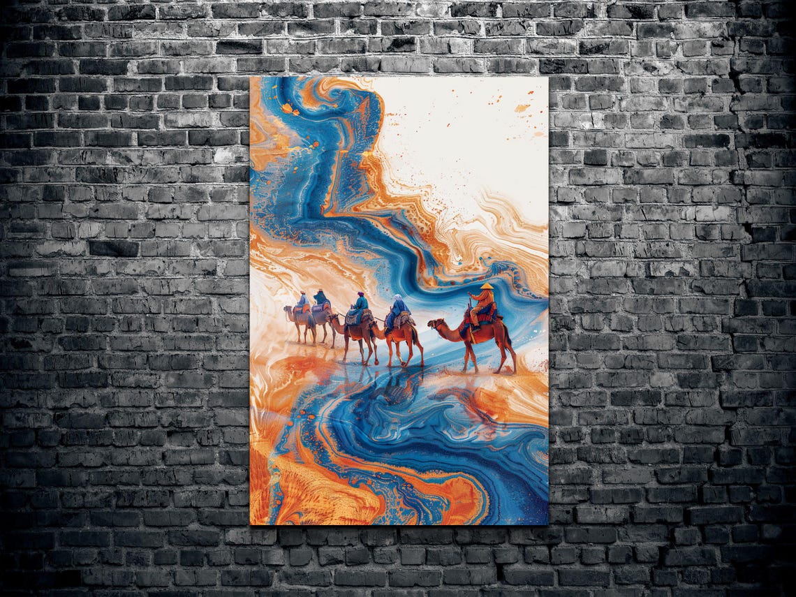 Camel Caravan Across Blue Orange Marble Desert Landscape Poster - Image 2