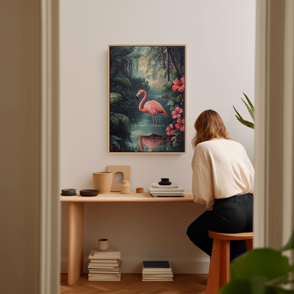 Elegant Flamingo Standing In Jungle Water Reflection Hibiscus Poster - Image 2