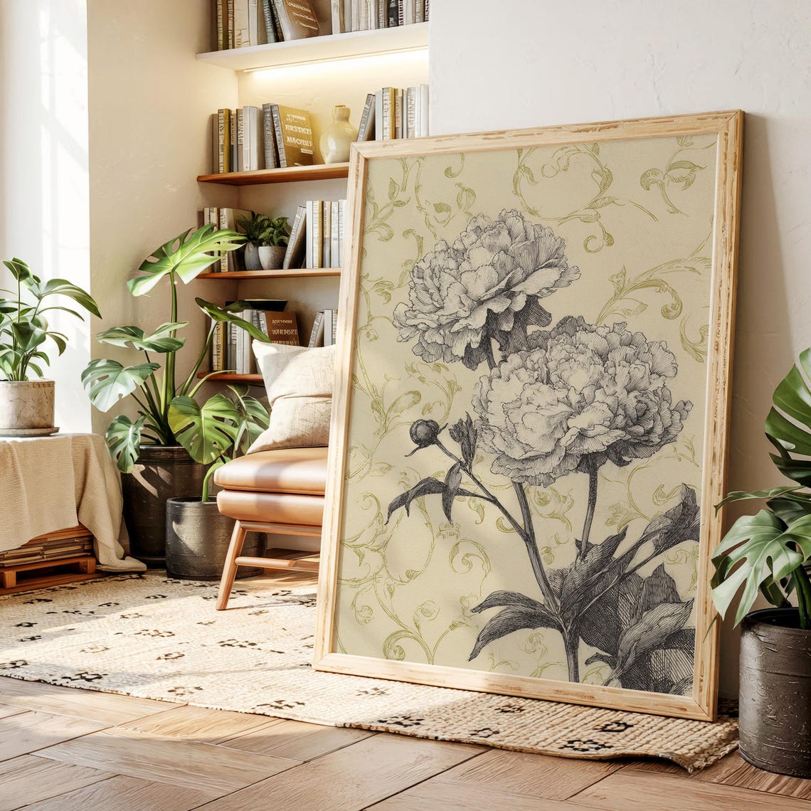 Vintage Peony Botanical Drawing Poster Elegant Floral Linework Art