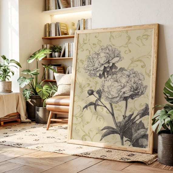 Vintage Botanical Peony Drawing Canvas Wall Art Elegant Linework Floral Illustration With Ornamental Background For Home Dcor