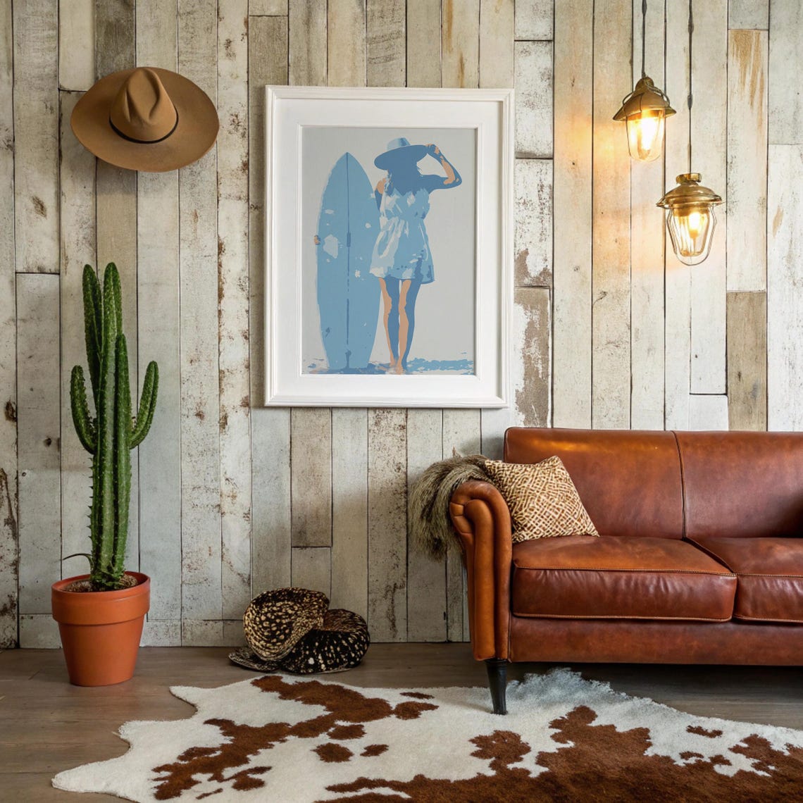 Surf Girl with Longboard Two Tone Blue Beach Coastal Decor Print