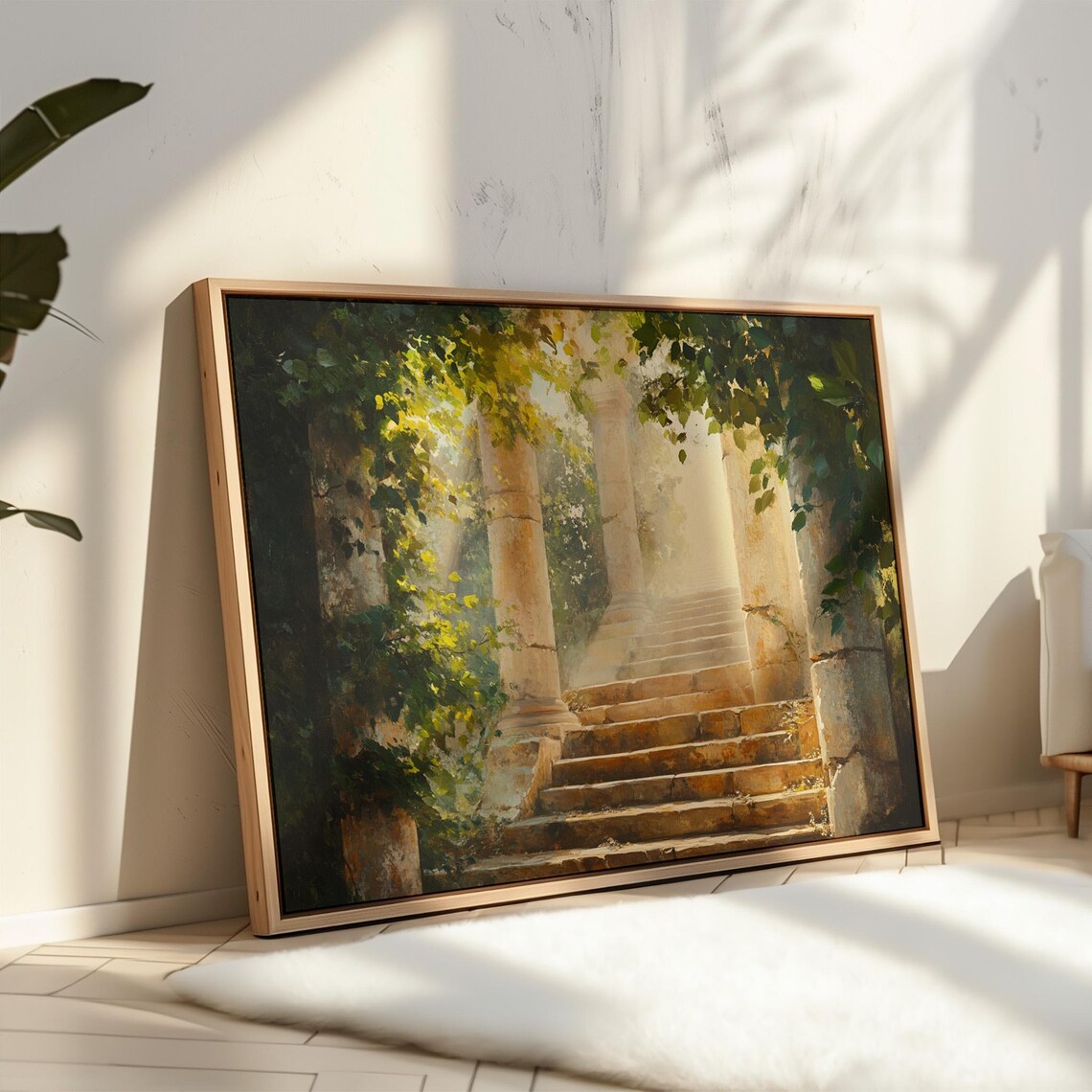 Ancient Columns and Ivy Stairs, Vintage Oil Painting Art Print