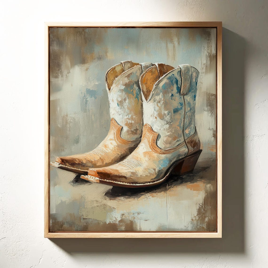 Vintage Blue Cowboy Boots Oil Painting Western Decor Wall Art - Image 3