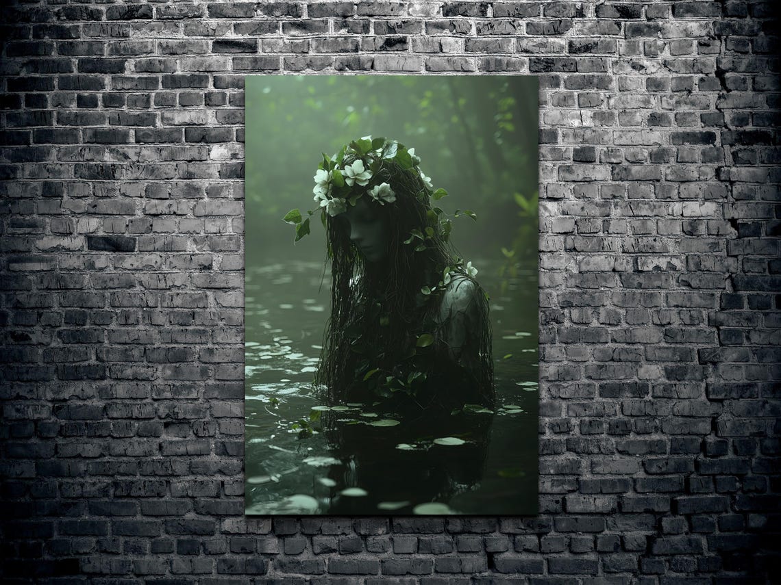 Woodland Water Spirit with Leaf Crown Dark Forest Wall Poster - Image 2