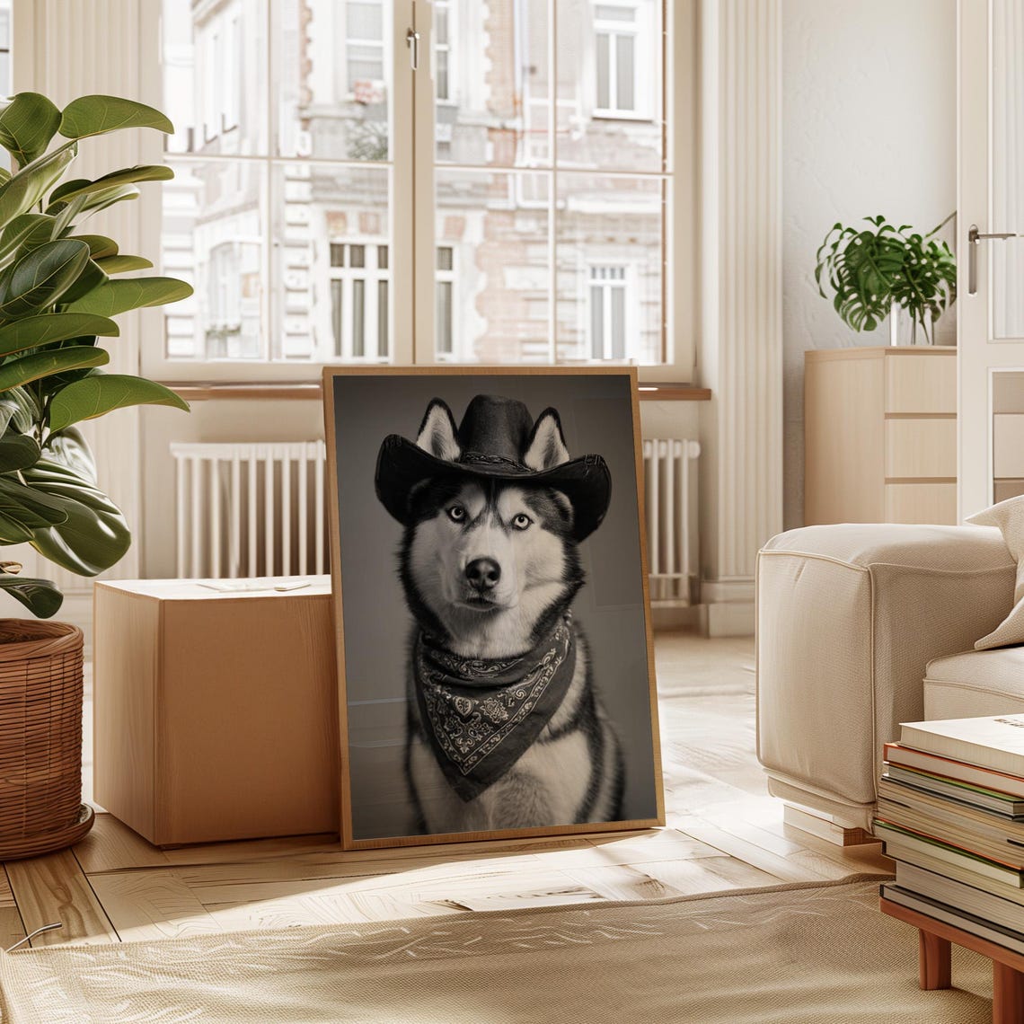 Cowboy Husky Dog Portrait Wearing Hat Black and White Photo Poster