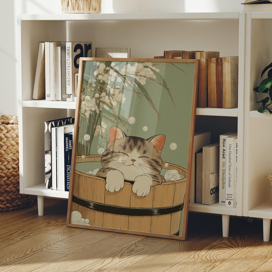 Cute Cat in Wooden Bathtub Bubble Bath Kitten Illustration Poster