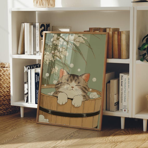 Cute Cat in Wooden Bathtub Bubble Bath Kitten Illustration Poster