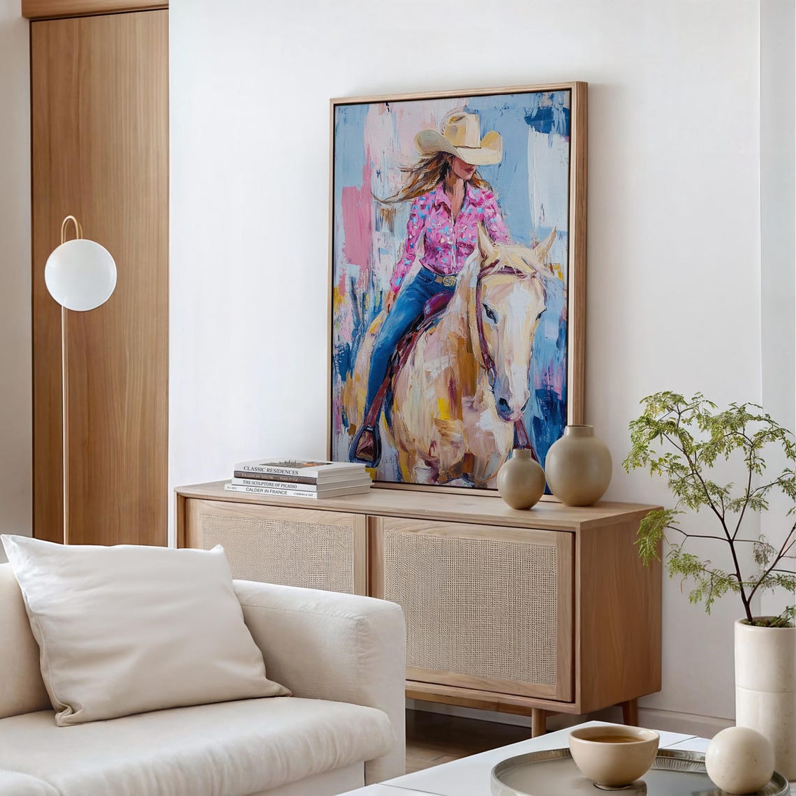 Western Cowgirl Art Vibrant Acrylic Painting Of Woman Riding Horse In Pink Shirt Rustic Country Decor For Western Lovers - Image 6