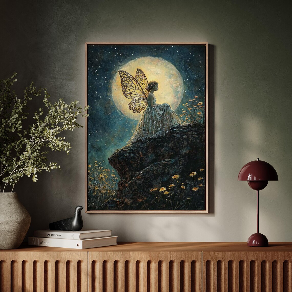 Enchanting Fairy With Golden Wings Under Full Moon Night Fantasy Wall Poster - Image 2