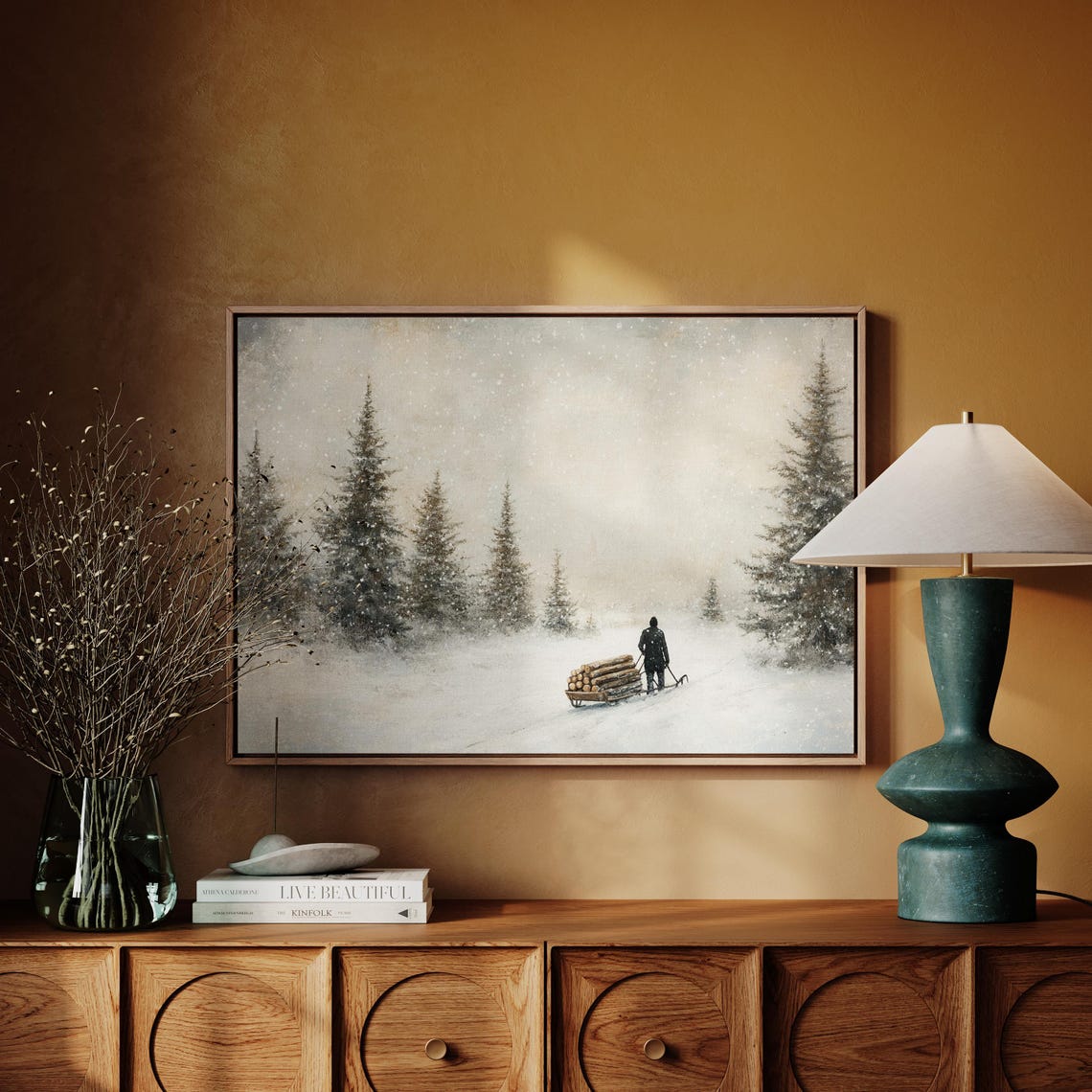 Minimalist Winter Forest Log Sled Journey in Falling Snow Art Poster - Image 3