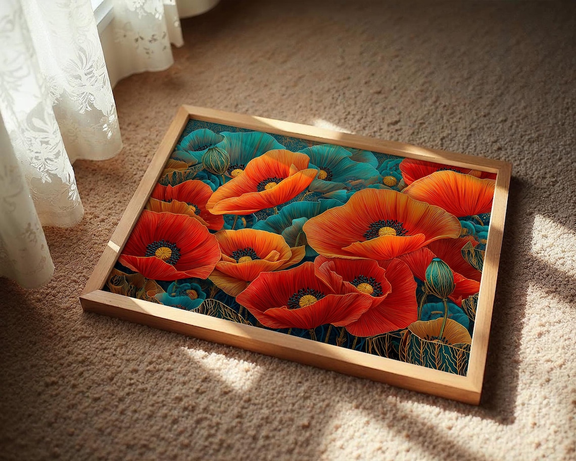 Crimson and Teal Poppy Symphony Bold Orange Floral Art Poster