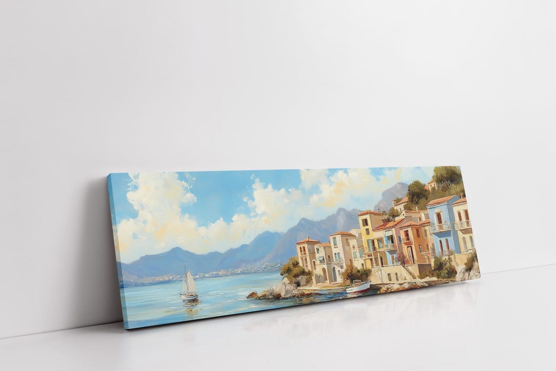 Mediterranean Seaside Town Sailboats Pastel Waterfront View Poster - Image 3