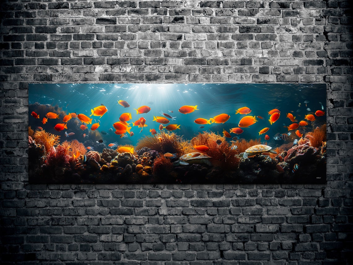 Orange Fish School Sea Turtle Coral Reef Underwater Panorama Wall Art - Image 2