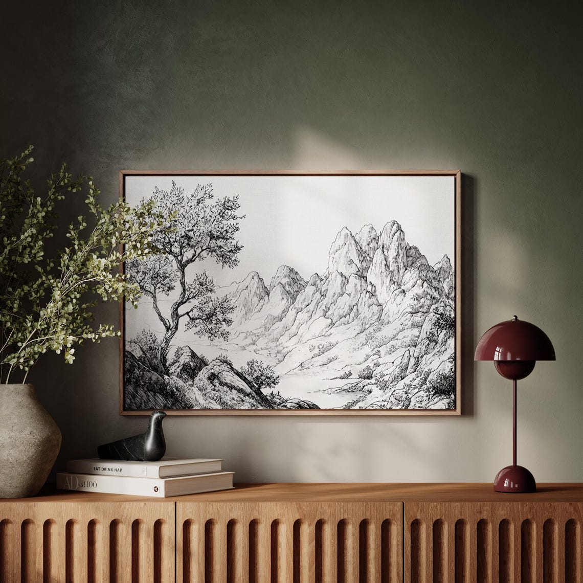 Black And White Mountain Ink Drawing With Pine Tree Art Poster - Image 2