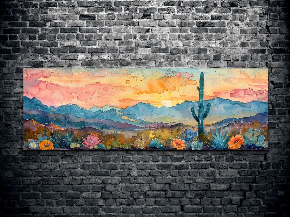 Desert Sunset Saguaro Cactus Wildflowers Watercolor Southwest Wall Art - Image 2