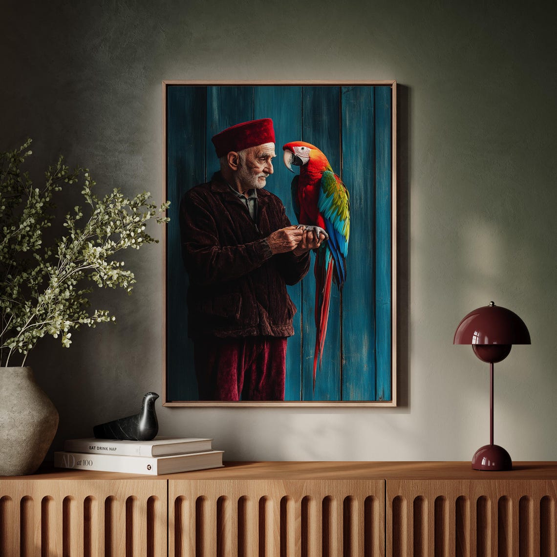 Elderly Man With Scarlet Macaw Parrot Fine Art Canvas Poster