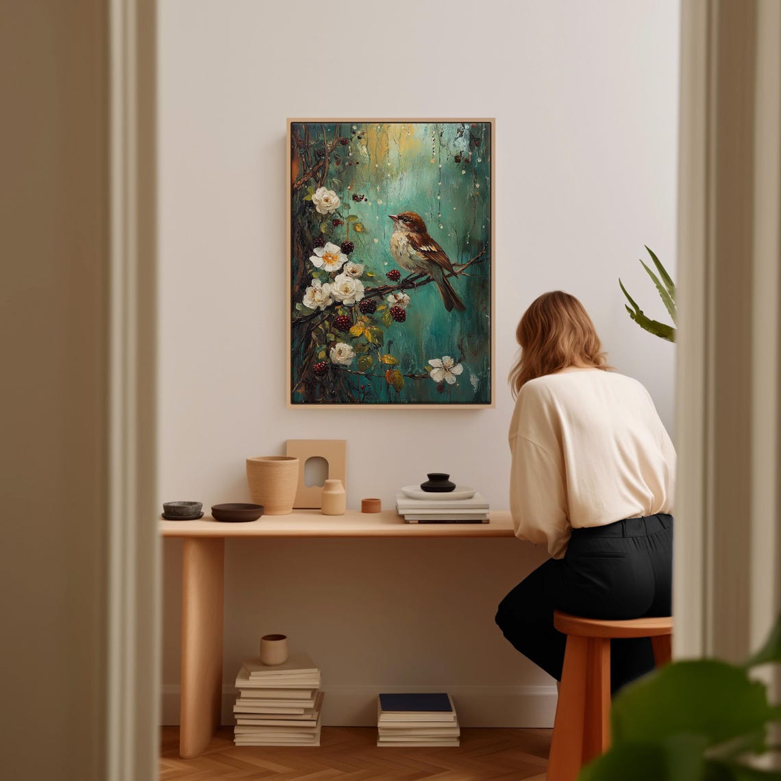 Brown Songbird With White Roses And Berries Painting Art Poster - Image 4