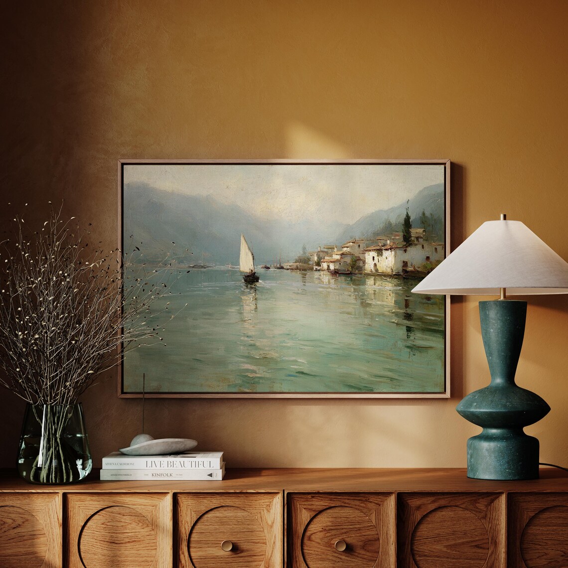 Sailboat On Tranquil Lake Vintage Oil Painting Art