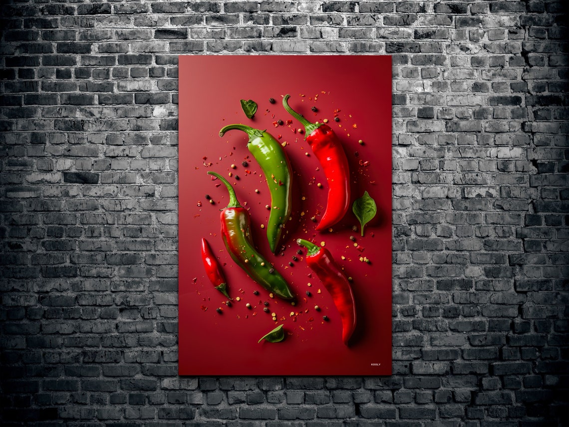 Red Green Chili Peppers On Crimson Spices Still Life Kitchen Wall Art - Image 2