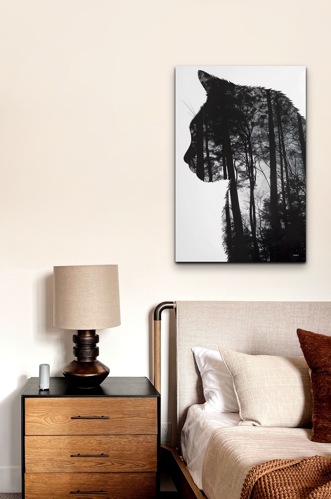 Double Exposure Cat Silhouette Forest Trees Monochrome Poster - Image 5