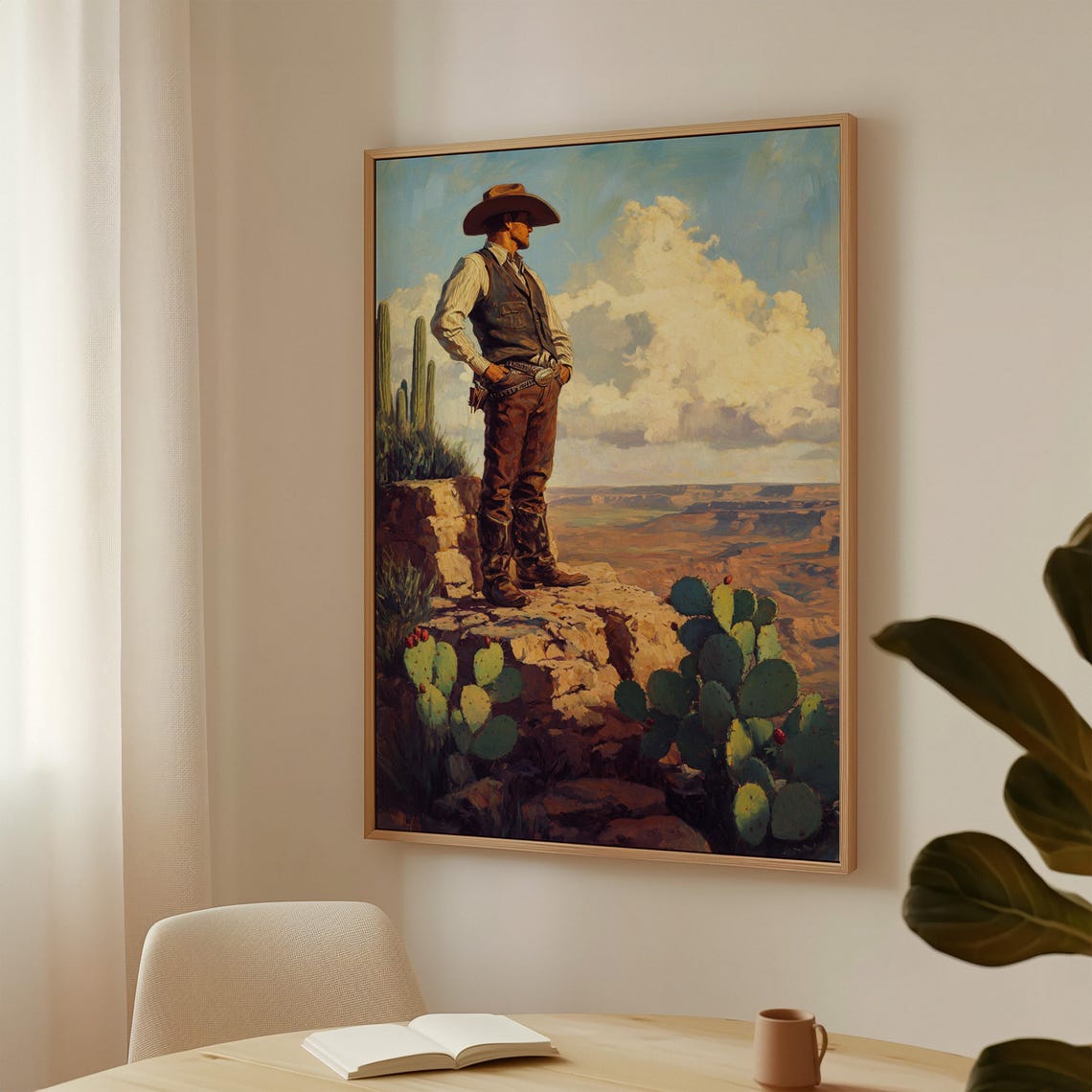 Tall Cowboy Standing On A Cliff Edge Over Desert Valley Poster