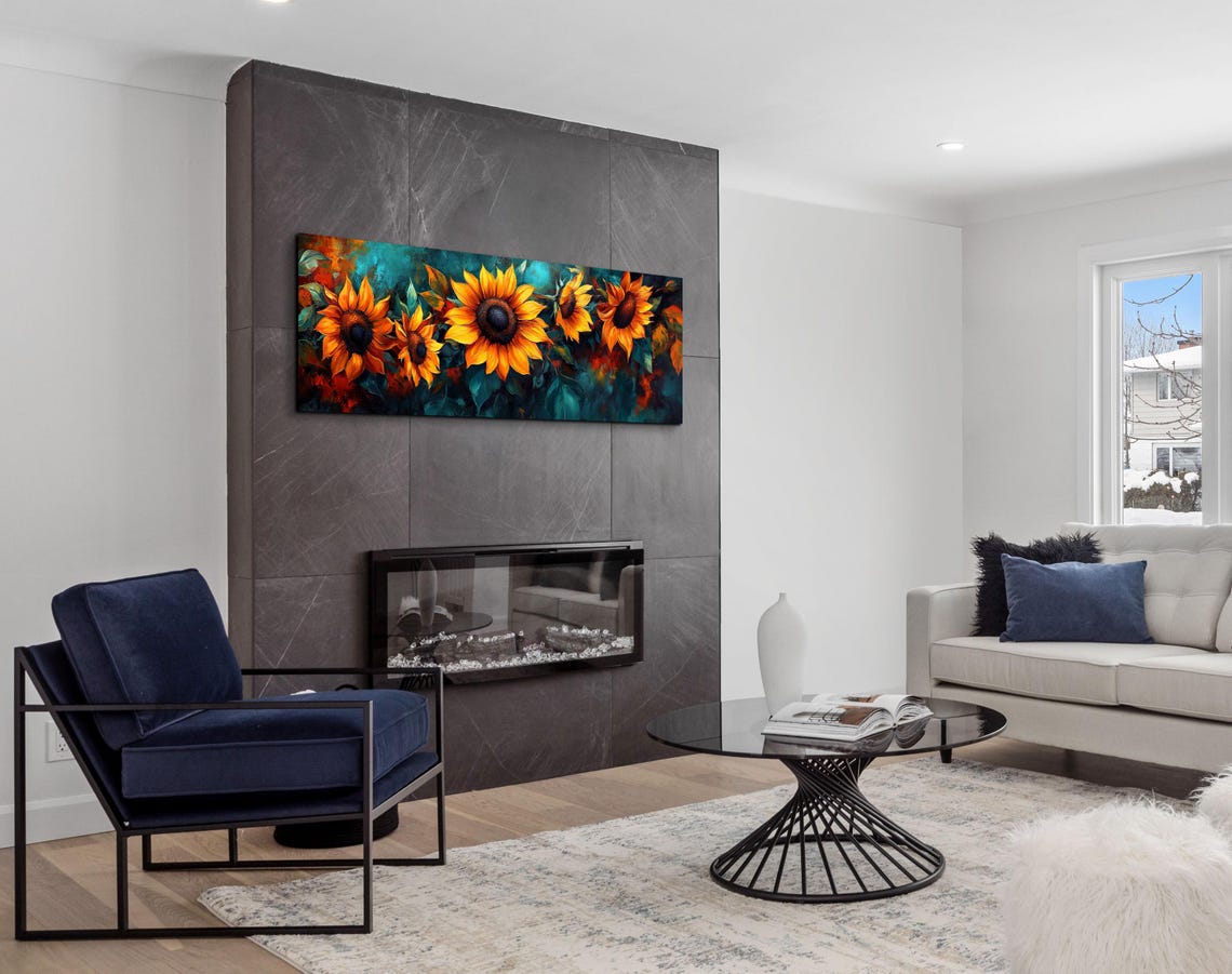 Impressionist Sunflowers Against Dark Teal Painterly Art Poster - Image 4