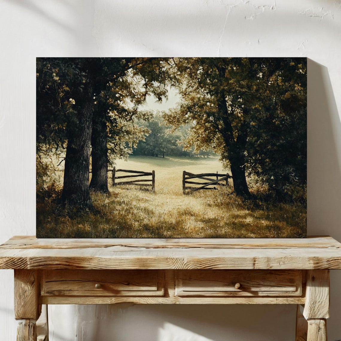 Sunlit Meadow with Rustic Wooden Fence Gate Landscape Painting Poster