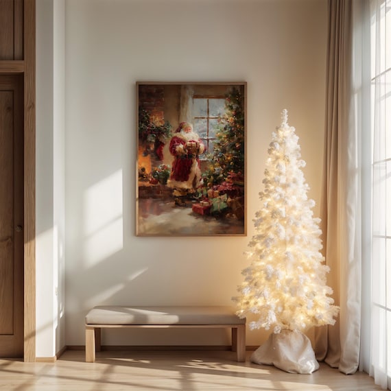 Santa By Christmas Tree With Gifts Cozy Fireplace Holiday Poster