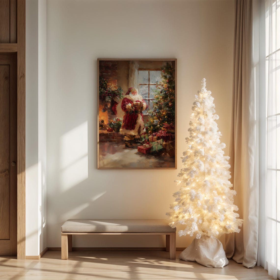 Santa By Christmas Tree With Gifts Cozy Fireplace Holiday Poster