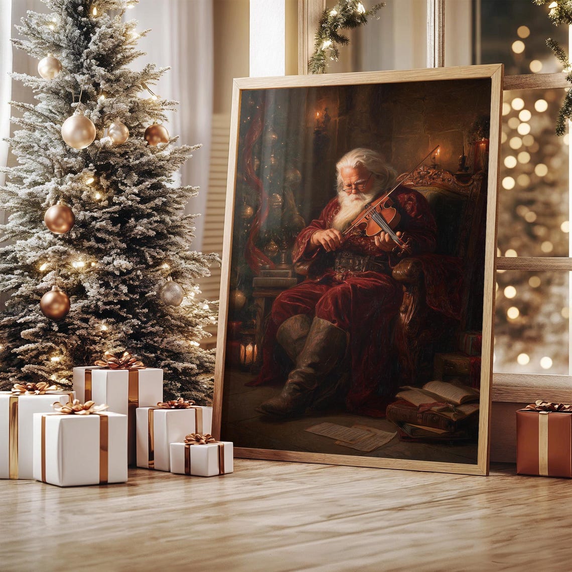 Santa Claus Playing Violin By Candlelight Vintage Christmas Art Poster