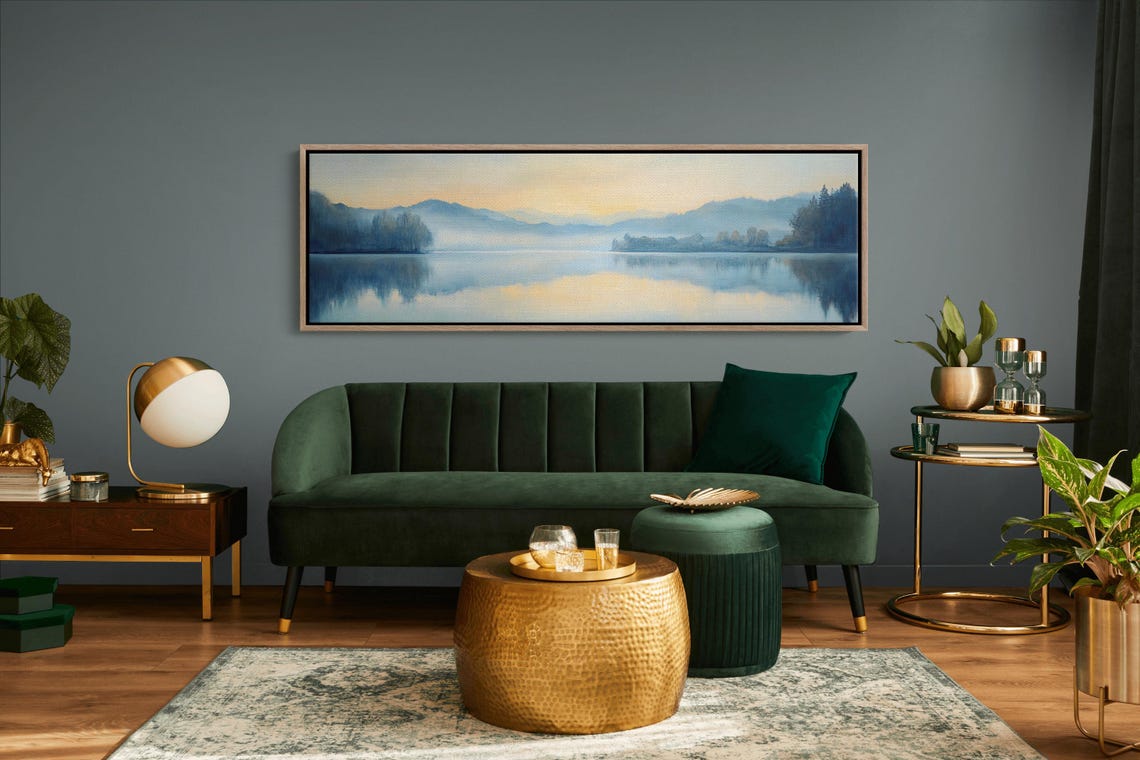 Panoramic Blue Misty Lake Dawn Still Water Golden Glow Scenic Poster - Image 6