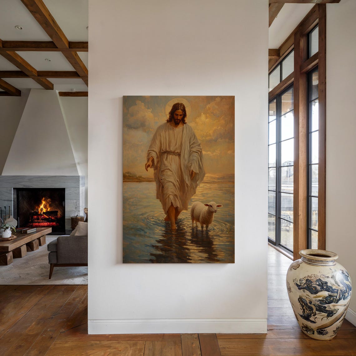 Jesus Christ With Lamb Walking on Water Golden Sky Religious Poster - Image 4